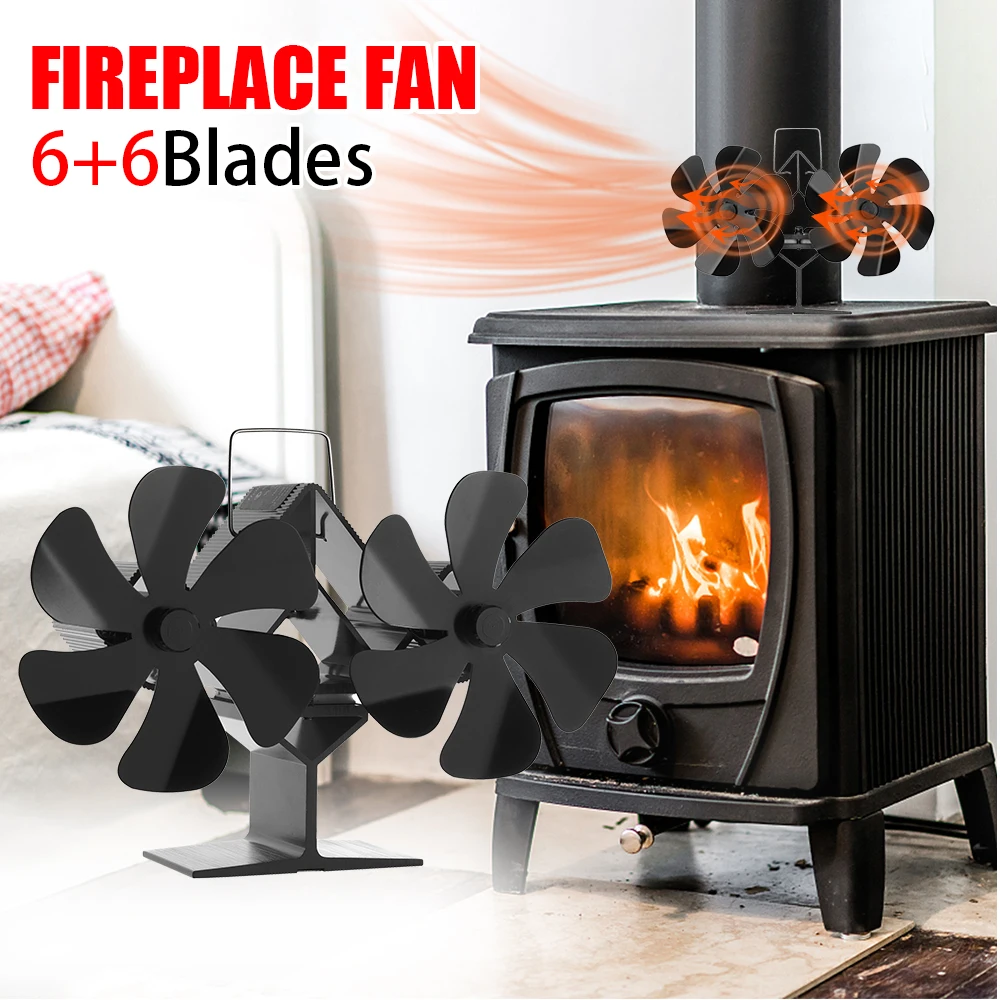 12 Blades Heat Powered Stove Fan Double-Head Log Wood Burner Stands Fireplace Fan Quiet Home Heater Efficient Heat Distribution