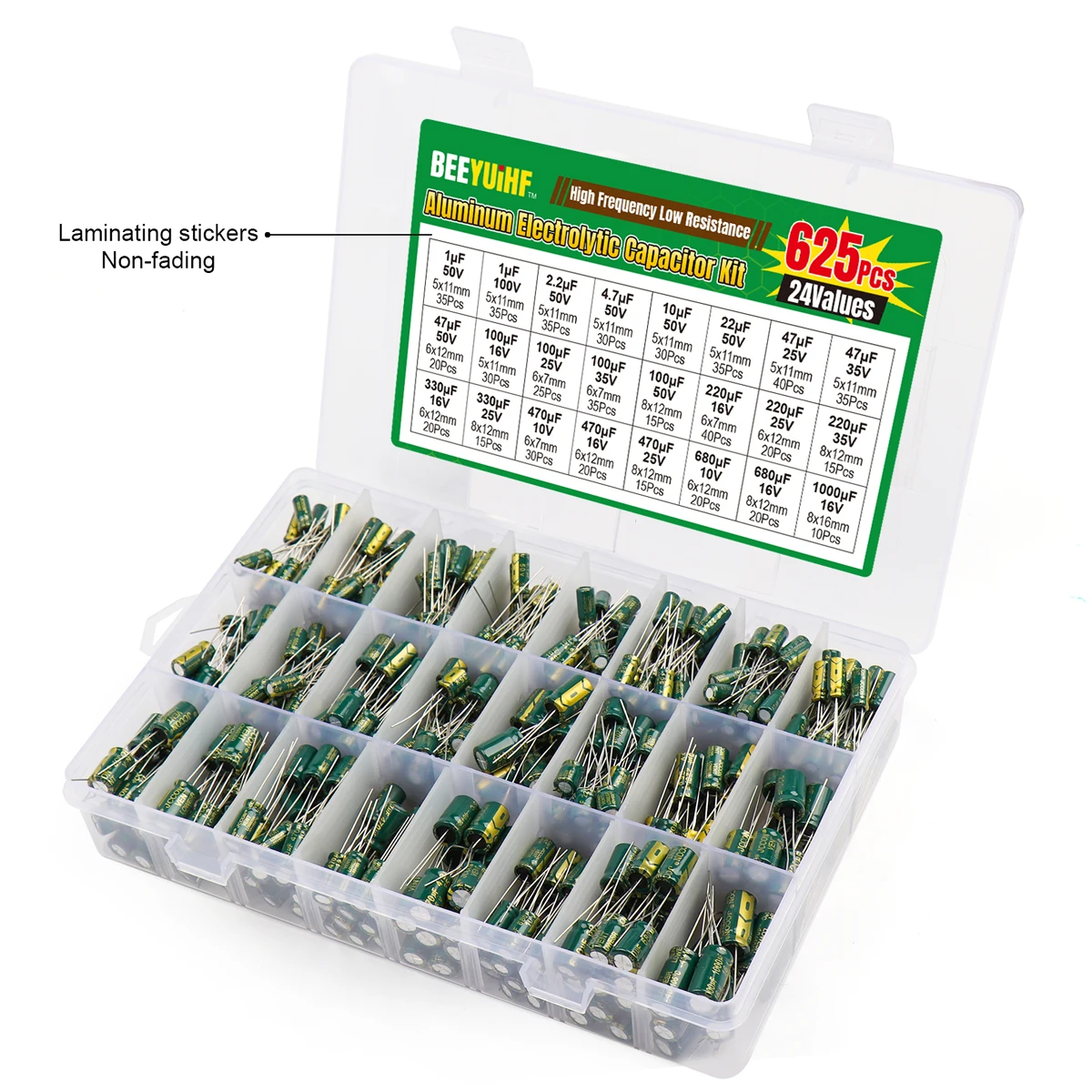 625Pcs 24Values Aluminum Electrolytic Capacitor Kit 10V-100V 1F-1000uF Capacitors Box Assortment Kit Aluminum Electrolytic Capacitor