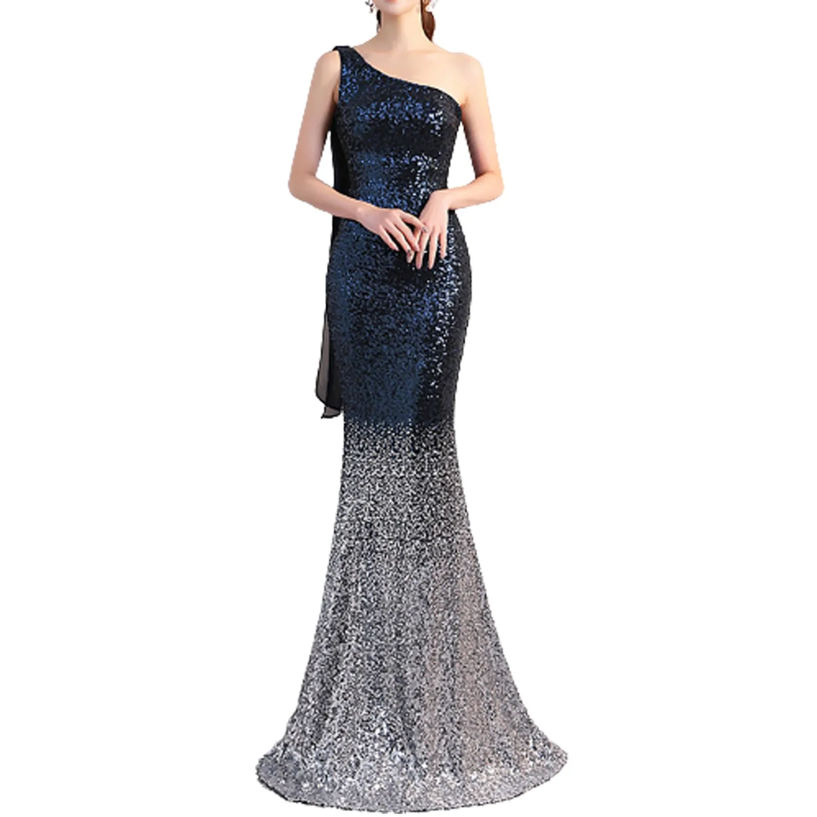 

Women's One Shoulder Sequin Prom Dresses Long Evening Gown Bride Party Dress