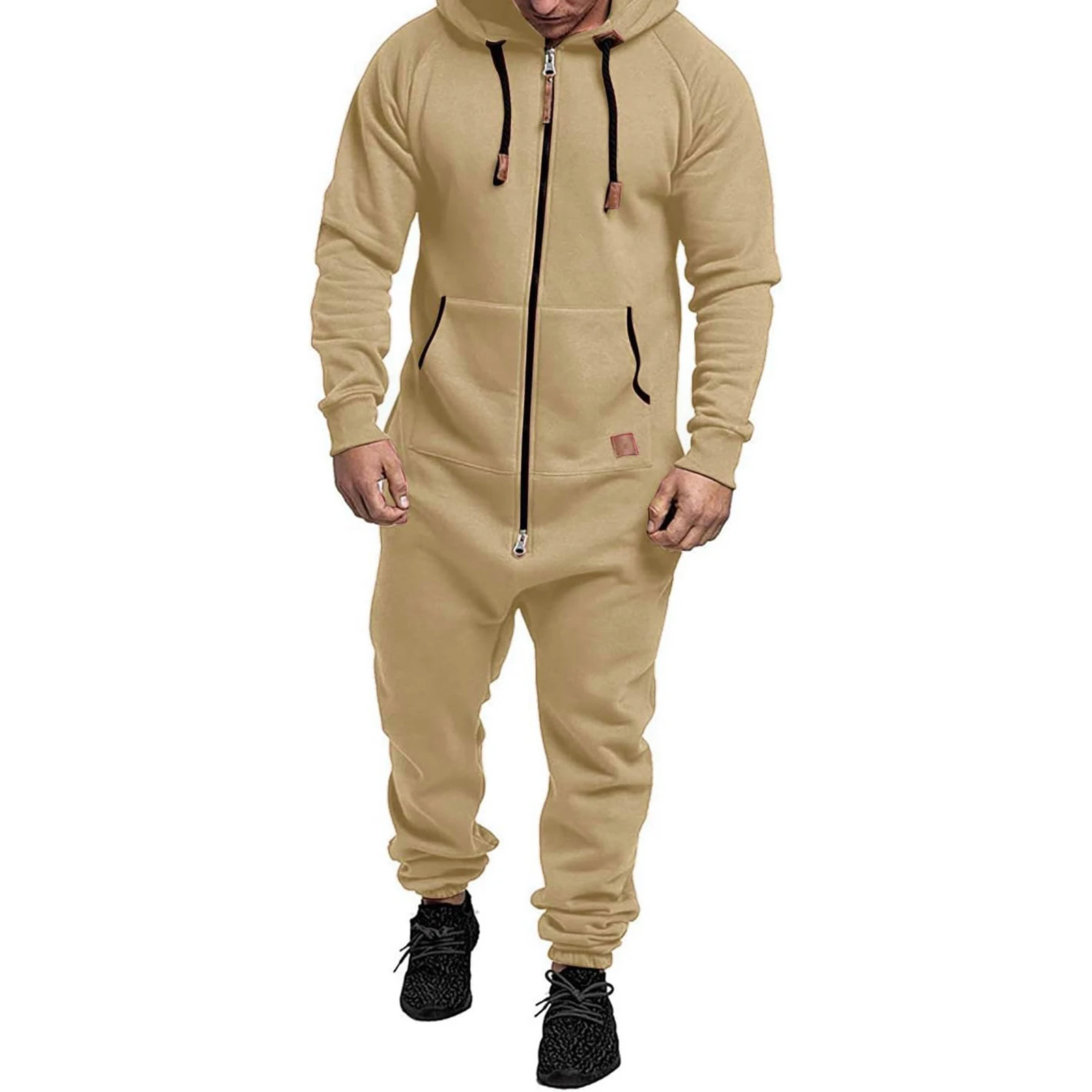 Men's Winter Hooded Jumpsuits with Pockets Warm Long Sleeve Full Zipper Up Overalls Sweatsuits with Drawstring