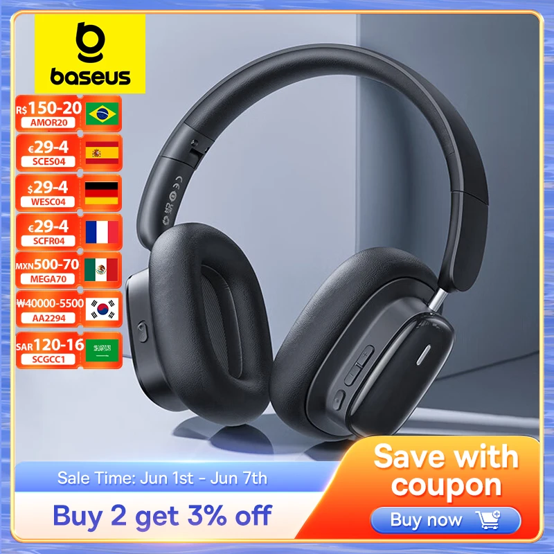 Baseus-auriculares inalámbricos, cascos por encima de la oreja con Bluetooth 5,3, 38db, ANC, cancelación de ruido, hi-res, 3D, Audio espacial, 100H