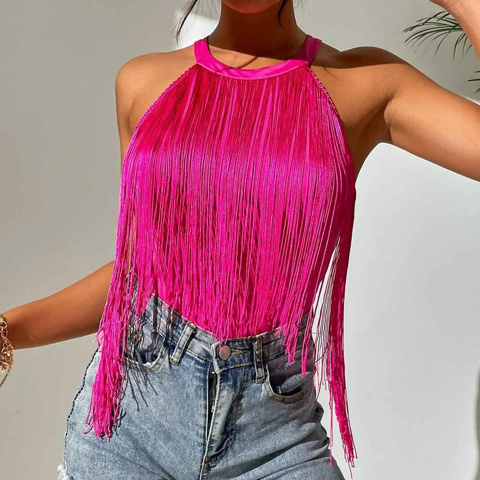 

Womens Halter Tassel Crop Top Sleeveless T-shirt Tops Sexy Fringe Vest Tops for Vacation Beach Cocktail Party Stage Performance