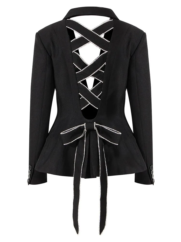 KBQ Hollow Out Crisscross Backless Blazer For Women Notched Collar Long Sleeve Spliced Lace Up Solid Blazers Female Fashion New