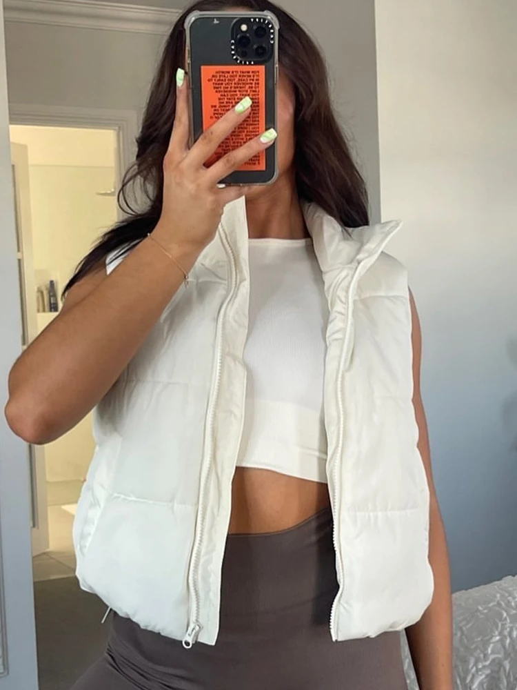 

Fitaylor New Autumn Women Casual Stand Collar Zipper Vest Female Fashion Sleeveless Solid Color Short Cotton Coat