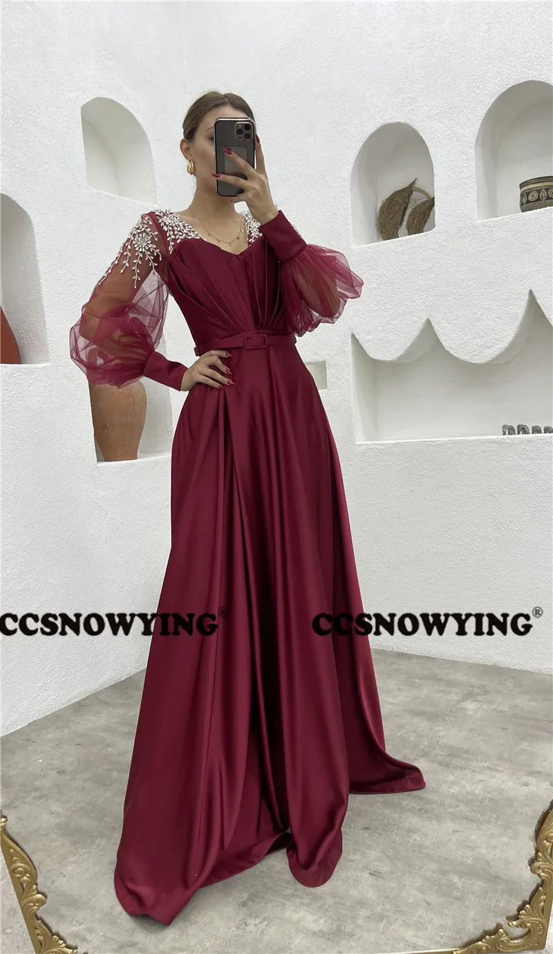 

Long Sheer Sleeve Prom Dresses with High Slit V Neck Formal Evening Party Gown Satin Beaded A Line Robe De Soiree
