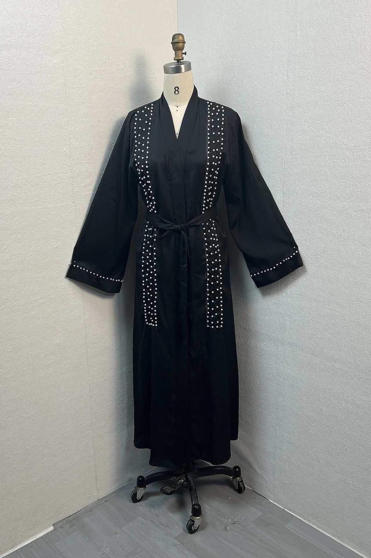 Women Eid Muslim Open Abaya Long Sleeve Dubai Cardigan Diamonds Abayas Kaftan Vestidos Arab Modest Belt Long Robe Pearls Loose