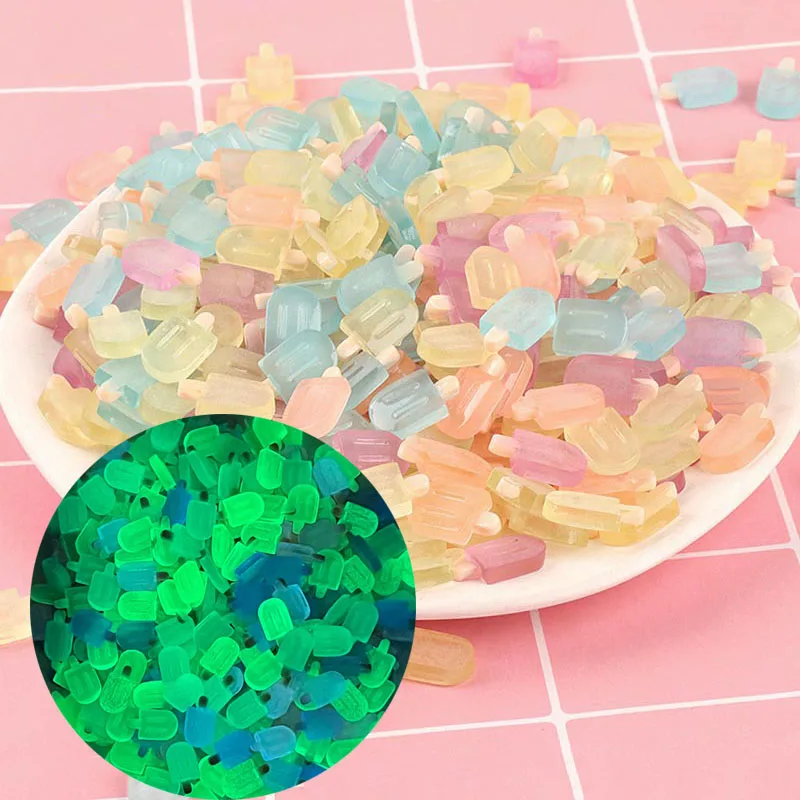

100pcs Cartoon Transparent Luminous Popsicle Resin Charm 19x12mm Ice Cream Cabochon Diy Scrapbook Embellishment Phone Decor