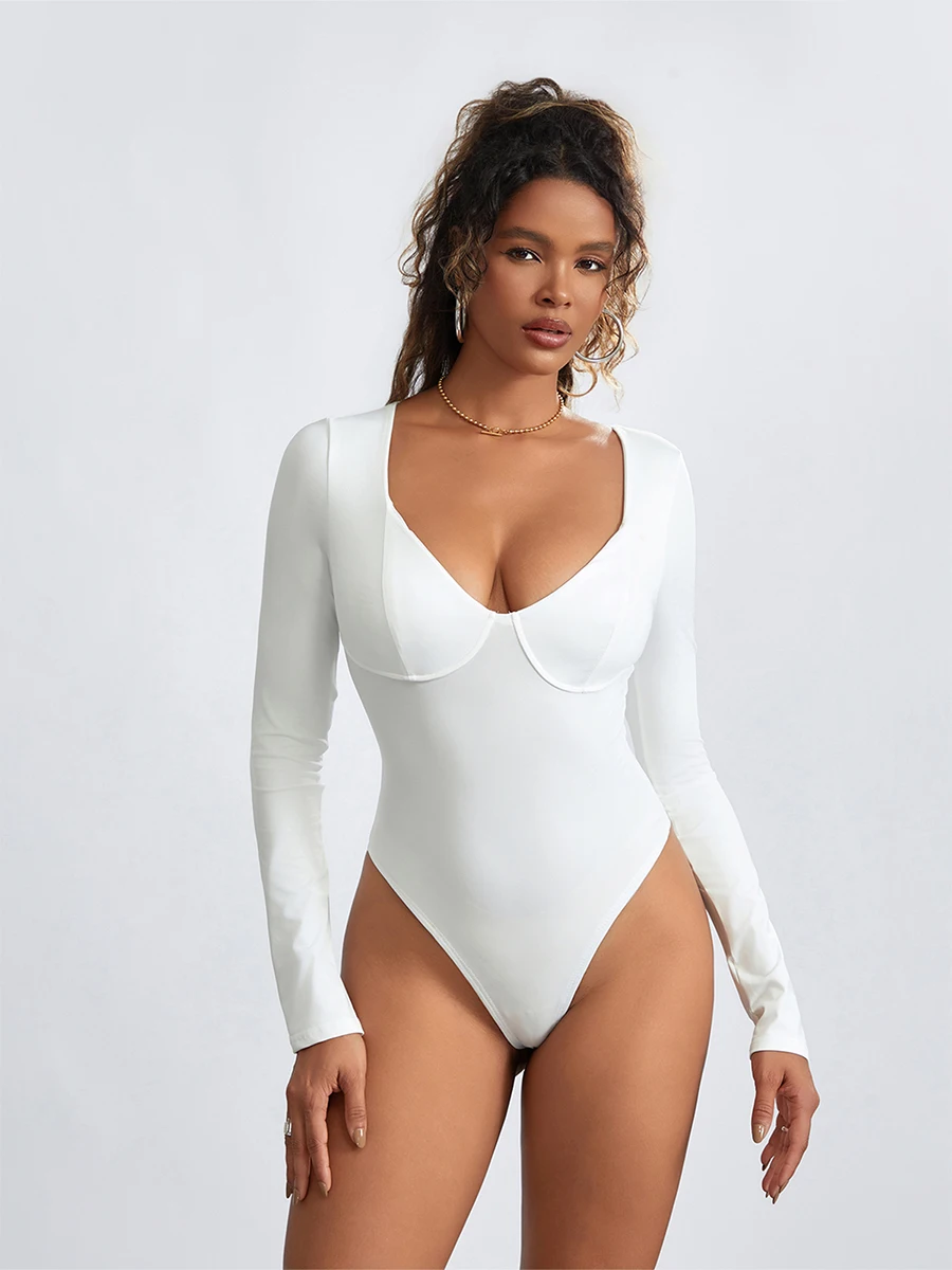 

Women’s V Neck Bodysuit Long Sleeve Seamed Cup Solid Color Leotard Tops High Cut Playsuit Leotard Seamless Jumpsuit