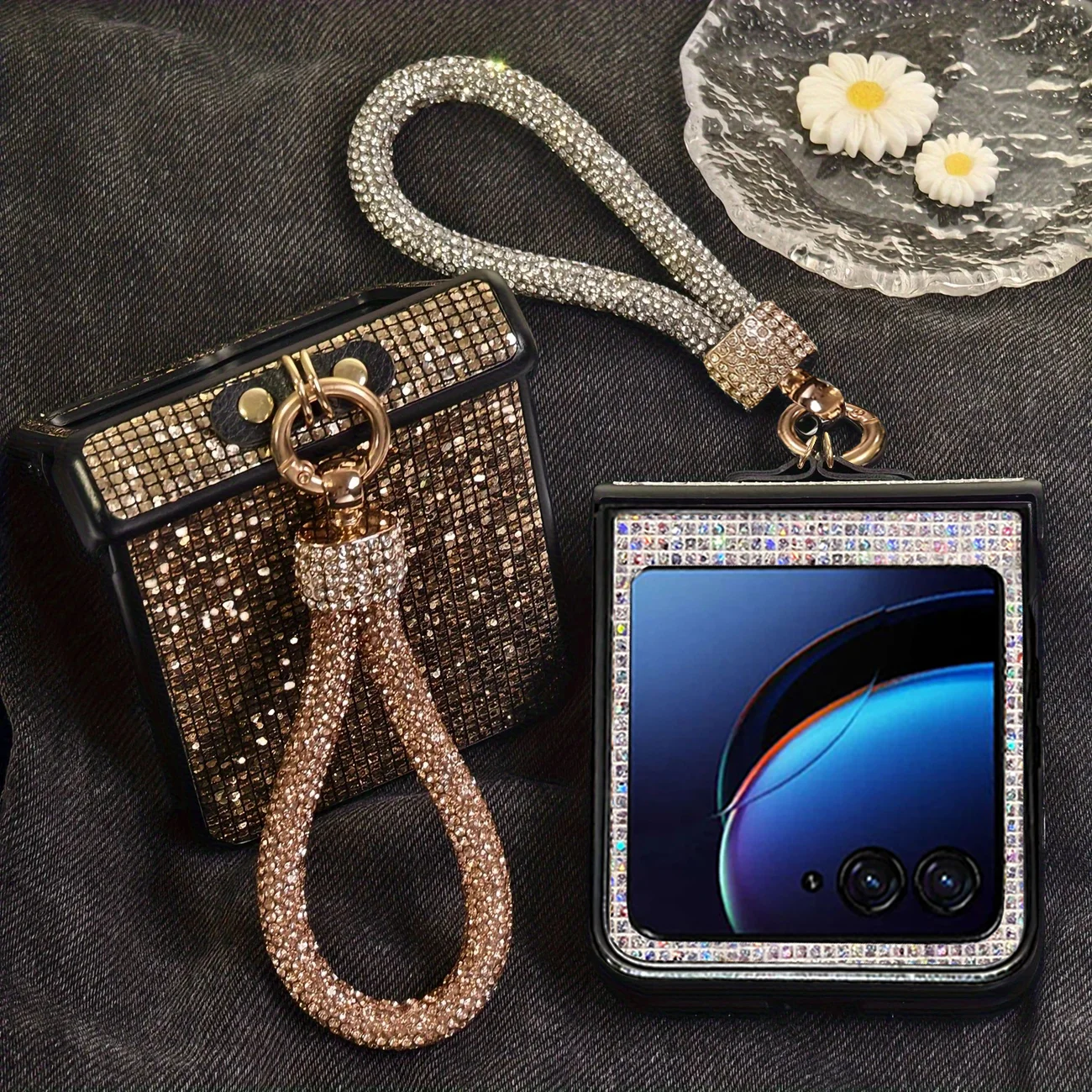 Luxury Glitter Diamond Lanyard Phone Case with Shiny Bracelet Grip - Shockproof Hard PC Cover
