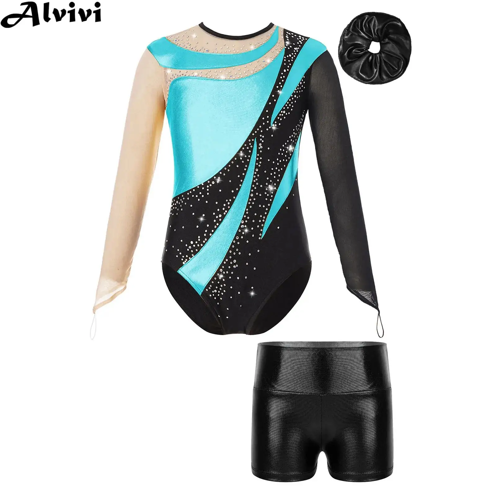 

Children Girls Long Sleeve Shiny Figure Skating Ballet Dance Gymnastic Acrobatics Yoga Leotard Bodysuit with Shorts Hair Band