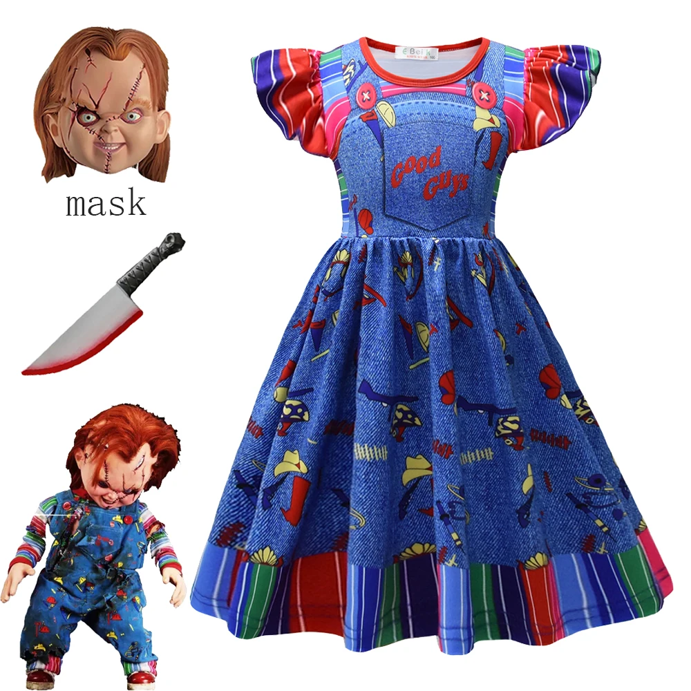 New Ghost Doll Nightmare Clothing Chucky Role Cosplay Clothes Children Christmas Girls Dress+Mask Kids Set Halloween Party Gifts