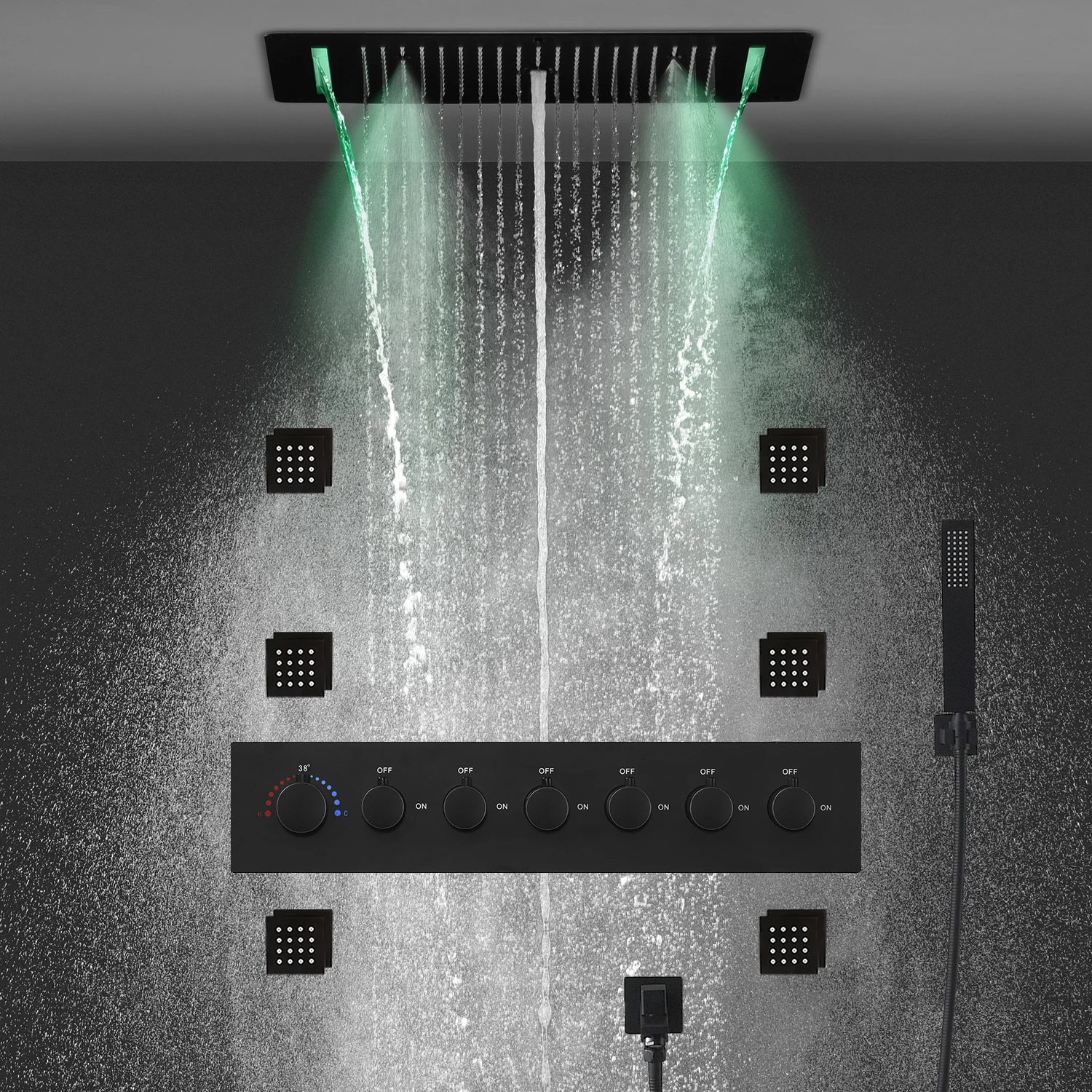Matt Black Shower Faucet Panel 28x15 Inch RGB LED Shower Head Set Thermostatic Mixer Valve Kit 6 Pcs 2 Inch Side Jets