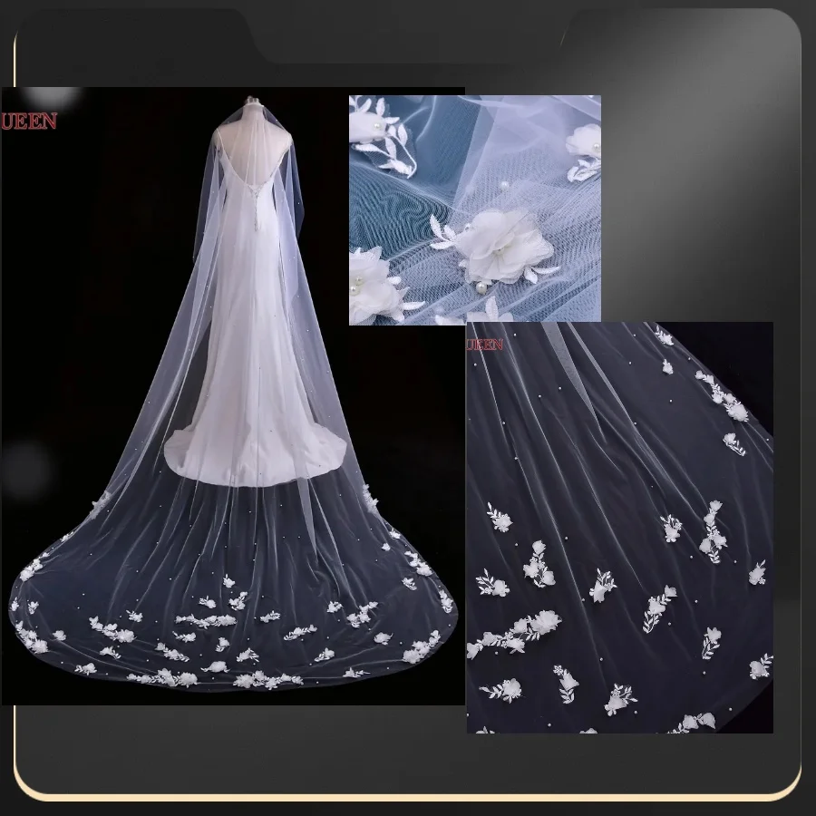 

TOPQUEEN V52 Bridal Veil 3d Flowers Wedding Veil High Quality1 Tier Chapel Length Soft Veil Lace Rochii Elegante De Nunta Veu