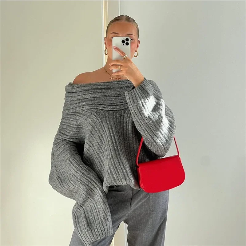 

Irregular Knit Off Shoulder Loose Casual Sweater Autumn Winter Slash Neck Long Sleeve All Match Y2k Pullovers Hipster Streetwear