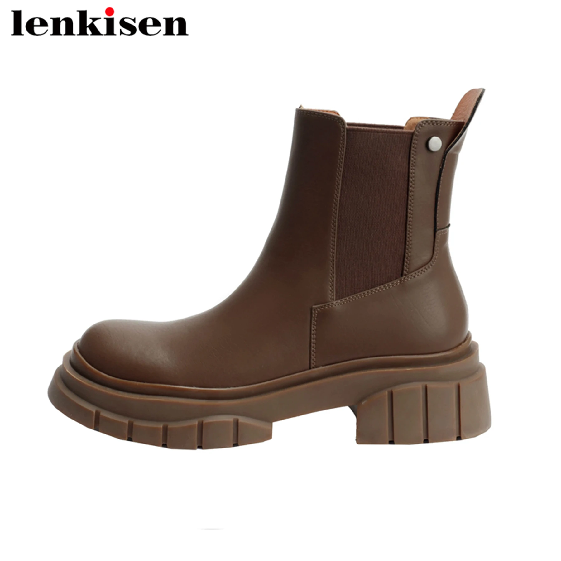 

Lenkisen Genuine Leather Round Toe Med Heels Chelsea Boots Platform Brand Classics Slip On Office Lady Concise Warm Ankle Boots