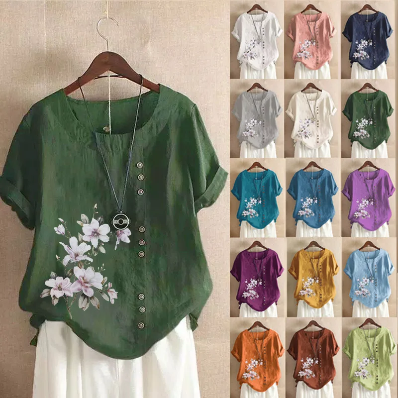 Cotton Linen Floral Short Sleeve Blouse for Women