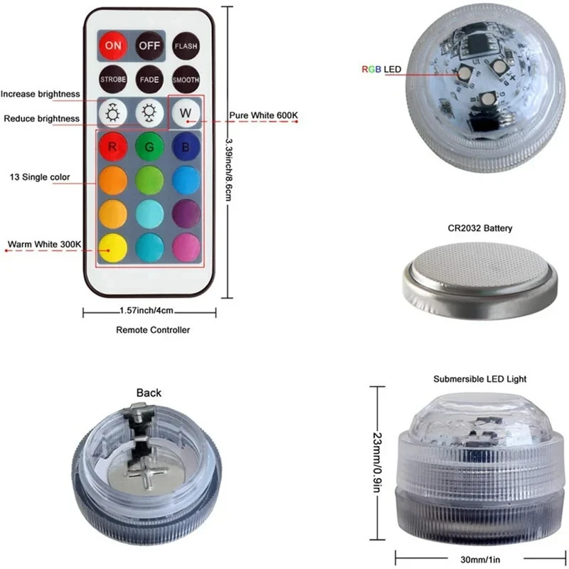 RGB 수중 조명 리모컨 작동식 LED 조명 배터리 작동 야간 조명 할로윈 꽃병 웨딩 파티 장
