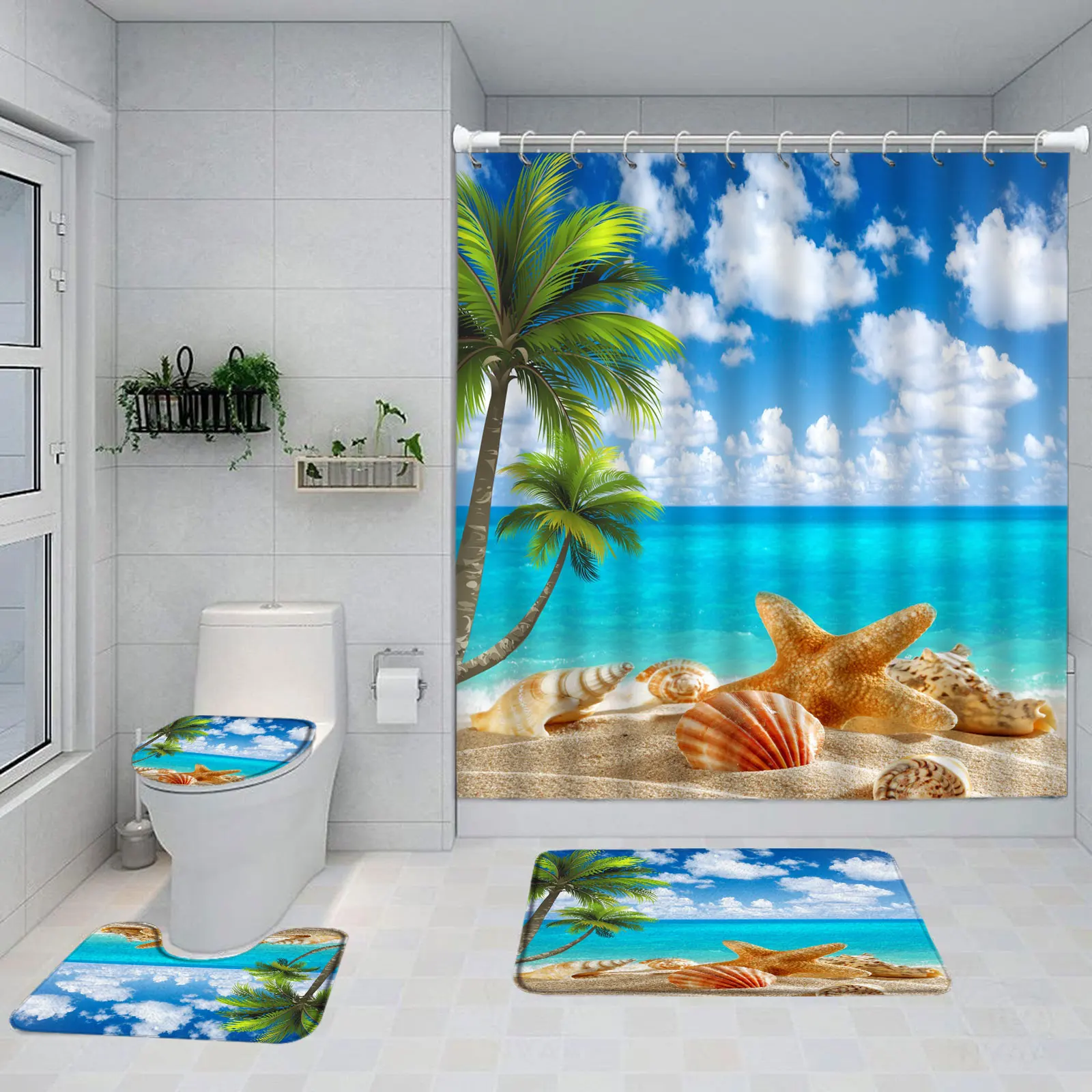 

Seaside Beach Ocean Blue Sky Coconut Tree Shower Curtain Tropical Dusk Sunset Non-Slip Bath Mat Toilet Seat Bathroom Set Decor