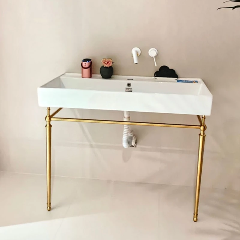 อ่างล้างหน้าแบบตั้งพื้นทรงเรียบง่าย พร้อมขาตั้งทองเหลือง อ่างเซรามิก ดีไซน์มินิมอล ขนาดใหญ่ หนาพิเศษ อุปกรณ์ห้องน้ำสำหรับใช้ในบ้าน 1