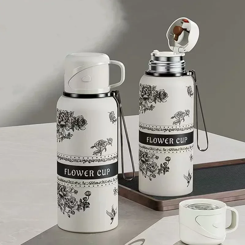 Portable Stainless Steel Gardenia Thermos Cup With Tea Drain Large-capacity Sport Kettle For Making Tea,Great For Outdoor Travel