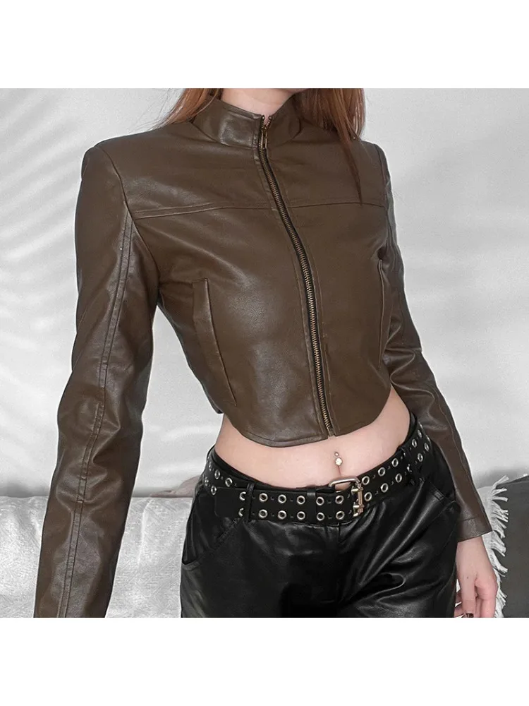 

2023 New Dark Faux Leather Cyber Y2k Autumn Jacket Grunge Gothic Zip Up Slim Crop Coat Women Punk Mock Neck Streetwear Cardigans