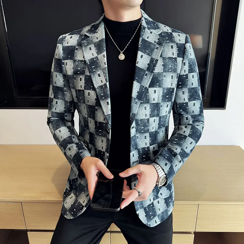 Korean Jacquard Denim Jacket Men Autumn Winter Casual Business Men Blazers Slim Fit Wedding Social Dress Coat Clothing