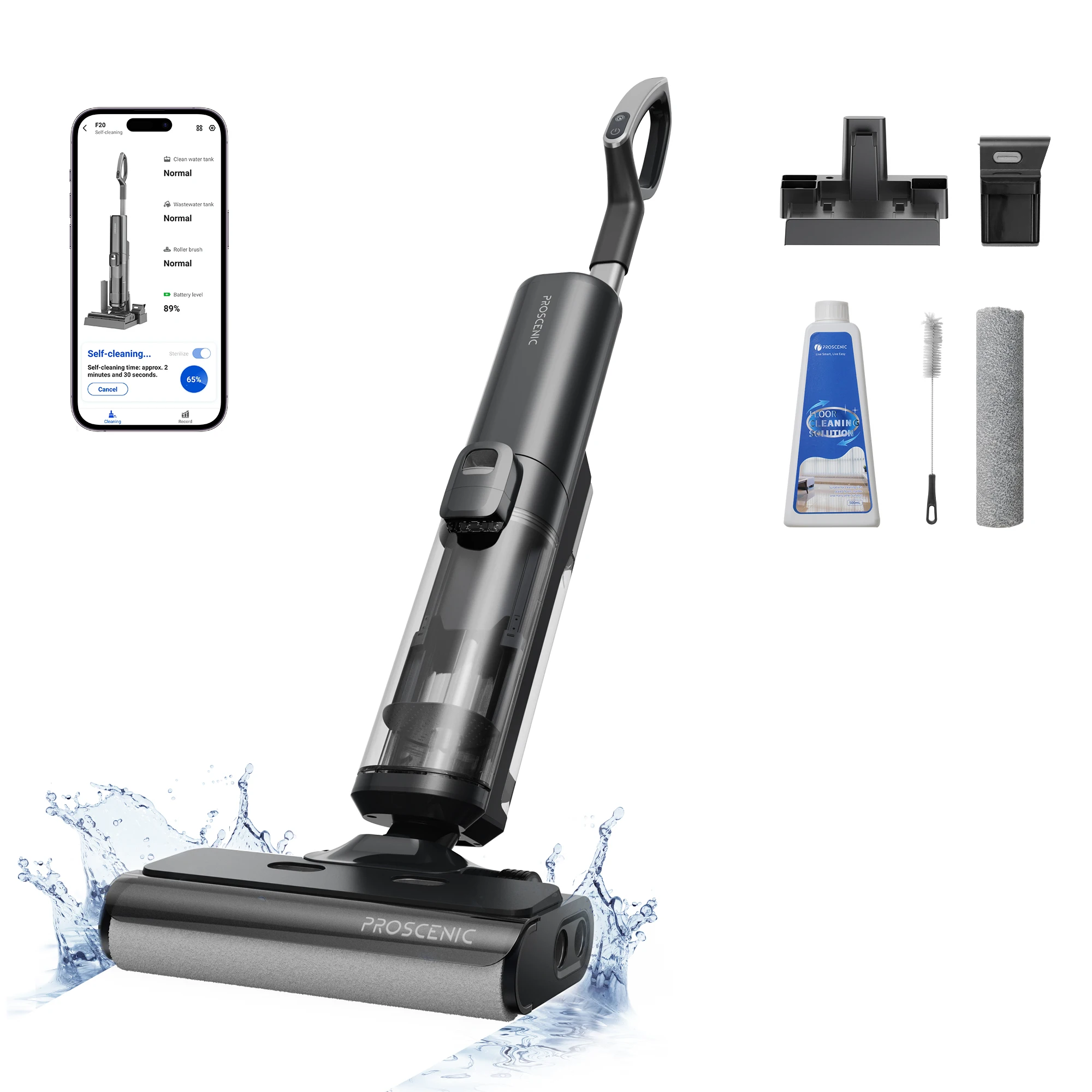 proscenic Aspiradora Sin Cable WashVac F20, Aspiradora en Seco y Húmedo 3 en 1,Auto-Limpieza, Depósito de Agua de 1L y Batería Extraíble, App& Asistente de Voz