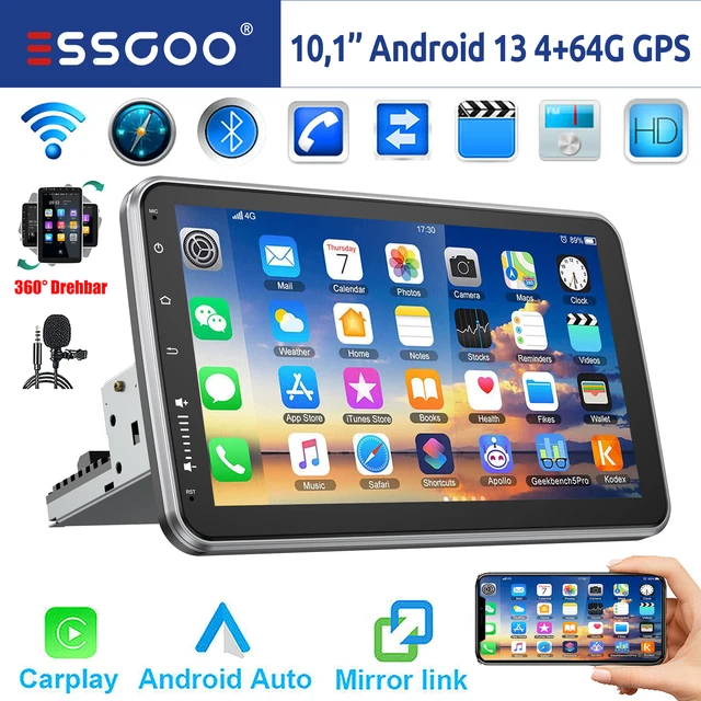 ESSGOO 10" Android 13 4+64G Wireless Carplay Android Auto Car Stereo Radio Single 1 DIN GPS Nav Bluetooth FM RDS WIFI USB EQ SWC