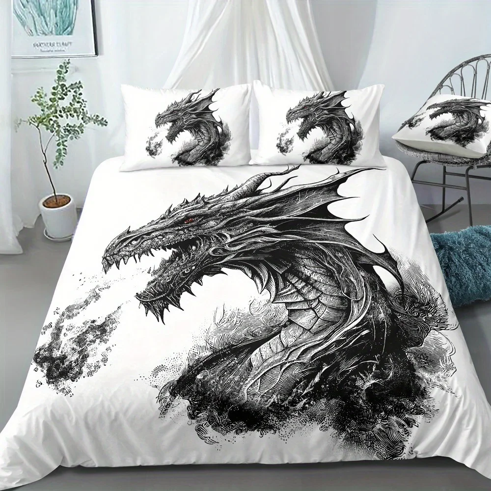 Red Black Dragon Printed Duvet Cover Sets Queen Chinese Dragon Pattern Bedding Set 3 Pieces Comforter Cover Sets Bedroom Decor