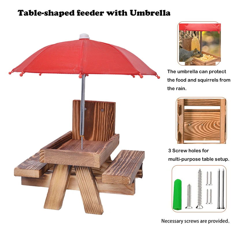 Wooden Squirrel Feeder Bird Squirrel Feeder Creative Pet Dining Table With Bench Hanging Feeding Table Mini Umbrella Ornament bird feeder pet water feeder