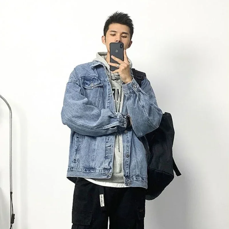 

Men's Denim Jacket Blue Wide Sleeves Male Jean Coats Button Size L in Lowest Price Trendy Clothing Korean Popular Clothes Large