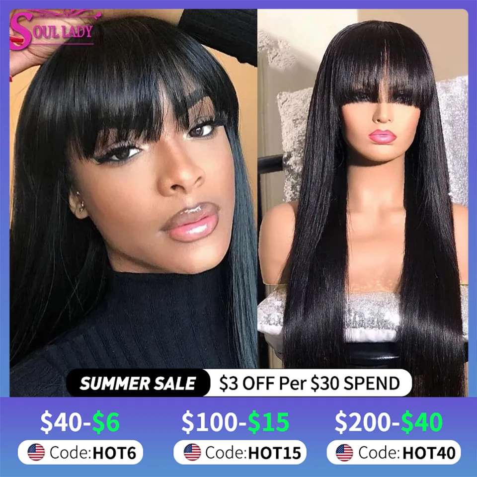 Straight Lace Front Wig With Bangs Fringe Straight Human Hair Wigs With