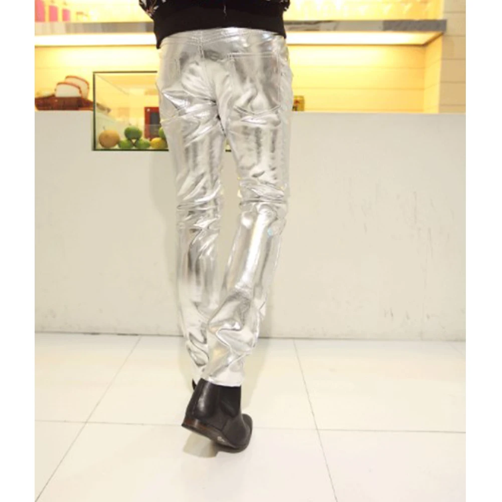 

Male Slim PU Leather Pants Shiny Silver Gold Trousers Nightclub Stage Costumes for Singers Dancer