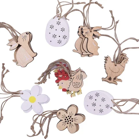 

8/10Pcs Happy Easter Decorations Wood Chickens Bunny/Rabbits Eggs Flowers for Easter Home Decorative Wood Pendant With Rope