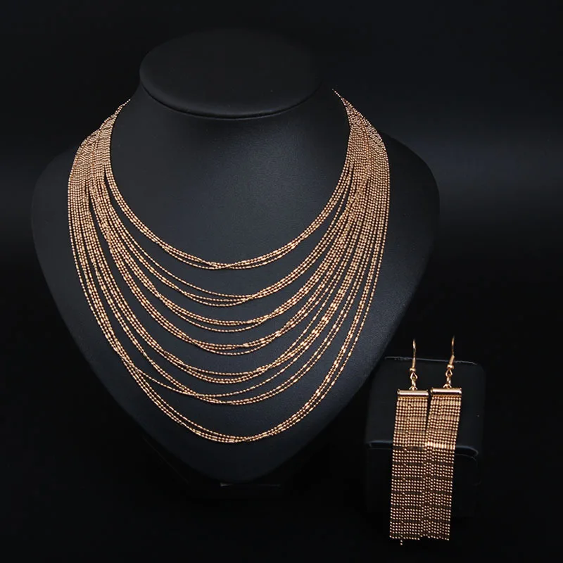 

Bohemian Chain Collar Multi Layers Necklace Women Fashion Long Tassel Drop Earrings Necklace Elegant Jewelry Set Africa Choker
