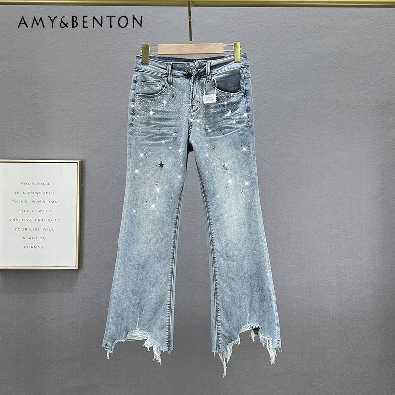 

Thin Jeans for Women 2023 New Summer High Waist Slim Fit Slimming European Goods Rhinestone Worn Bootcut Trousers Cropped Pants