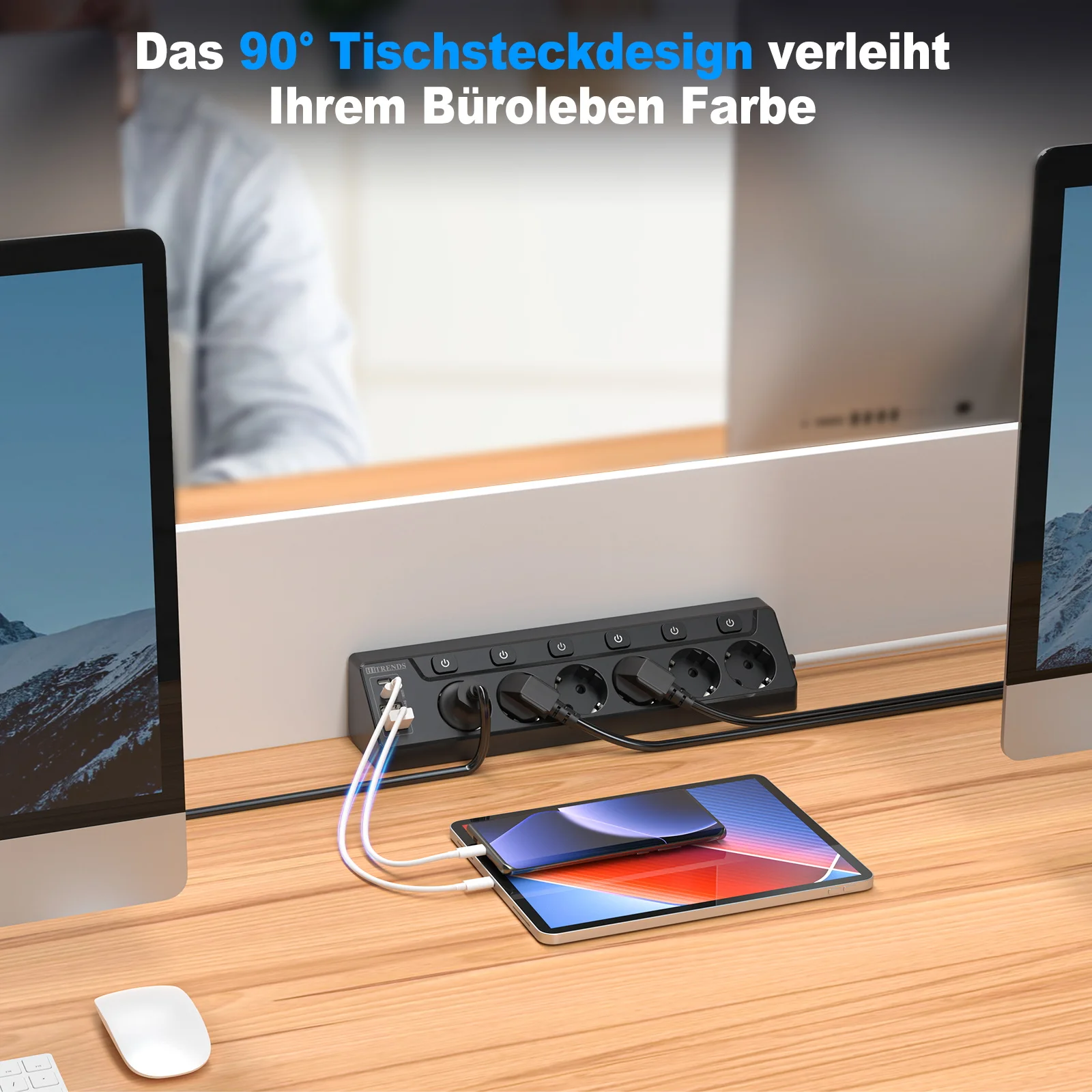 6 way European mulit plug Power Strip with 2 USB 2 Type C, Corner Multi-functional socket with 2m cable for Home Table 5