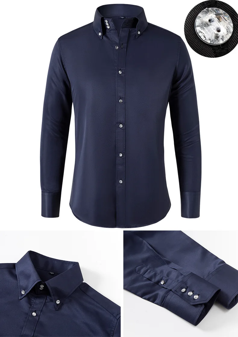 Solid color shirt men's crystal button long sleeved pointed collar light luxury men's business casual men's wear