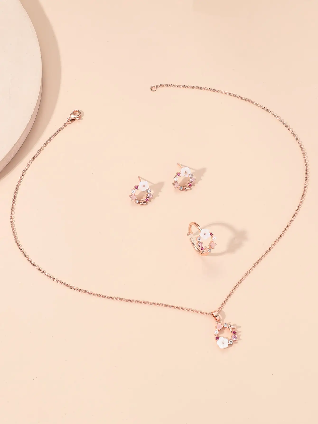 Sd638f2a2adcf4bad8e45d609d85390bdK 4 Pieces Rose Gold-color Lady Flower Fashion Accessories Zircon Simple Ornate Exquisite Necklace Ring Earrings Jewelry Set Mallzona