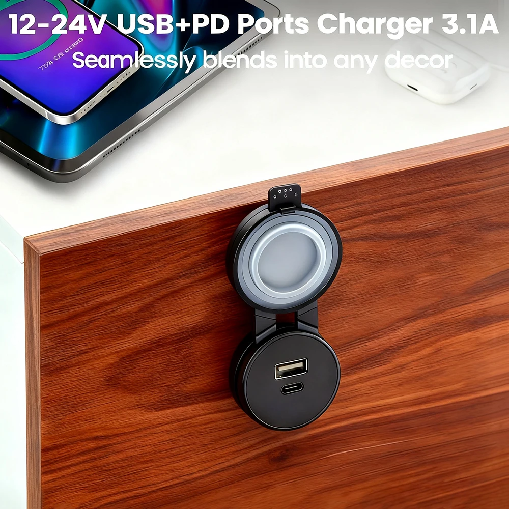 12V/24V USB 아울렛 PD 타입-C 3.1A 차량용 충전기 방수 USB-A & USB-C 포트 소켓 시가 라이터 교체용 RV 캠퍼용