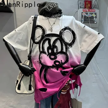 Large Size Women T-shirts 2026 New Spring Summer All-match Hole Short Sleeve Tees Gradient Sequins Mickey Mid-long Cotton Tops 1
