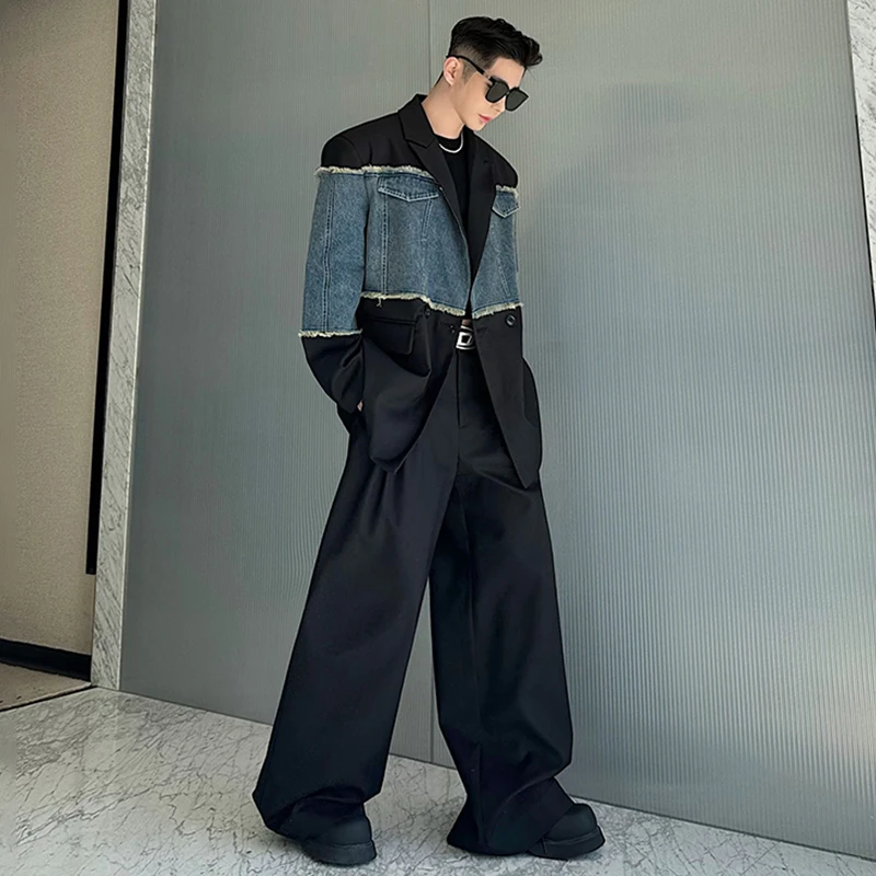 LUZHEN Original Denim Splicing Design Blazer Coat Men's Autumn Stylish Personality Elegant High Street Suit Jackets LZ1760