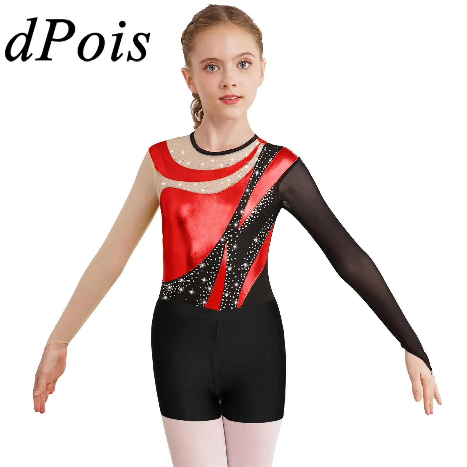 

Kids Rhythmic Gymnastics Jumpsuit Childs Ballet Dance Leotard for Girls Dancewear Teens Figure Skating Bodysuit with Shorts