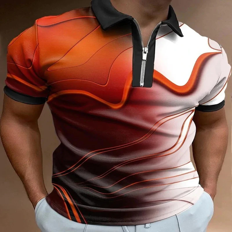 

Curve Pattern 3D Print Polo Zipper Short Sleeve Shirt for Men