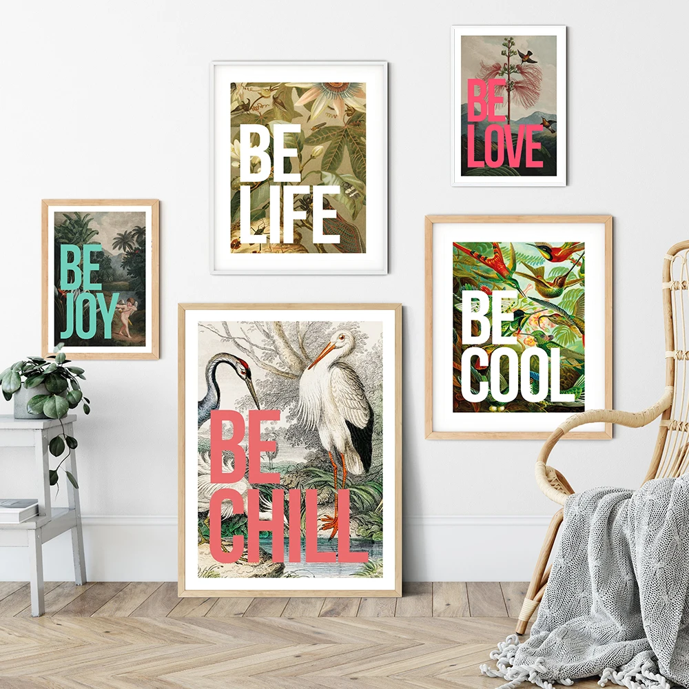 

Retro Abstract Realistic Writing Birds Landscape Painting Print Be Life Be Love Incentive Quote Canvas Poster Room Home Decor