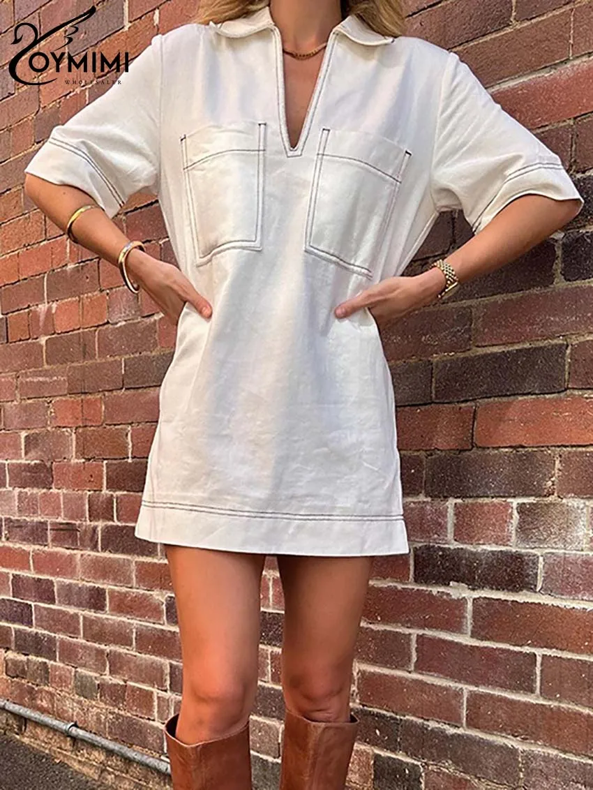 

Oymimi Casual White Cotton Women's Dress Elegant Turn-Down Collar Half Sleeve Dresses Summer Pockets Straight Mini Dress Female