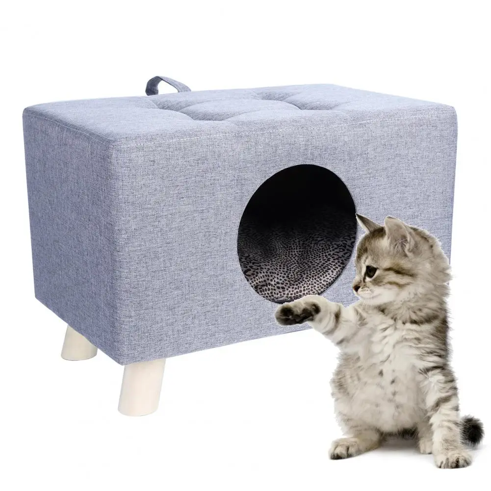 Cat Nest, Pet House Bench, Wood Pet House Cat Cave with Mat, Pet House Foot Rest Stool with Cushion, Cube for Cats and Small Dog 2