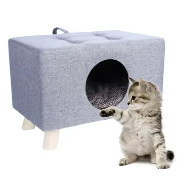 Cat Nest, Pet House Bench, Wood Pet House Cat Cave with Mat, Pet House Foot Rest Stool with Cushion, Cube for Cats and Small Dog 2