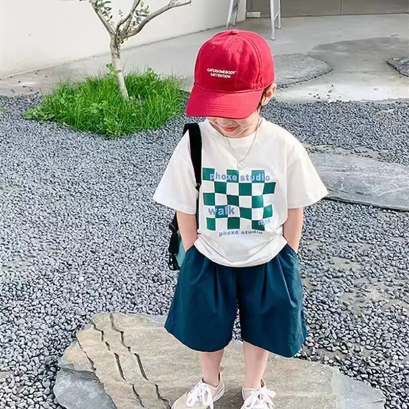 

Kids Boys summer suit children's new boys sports T-shirt shorts Baby Toddler plaid leggings pants casual two-piece set 2-8 years