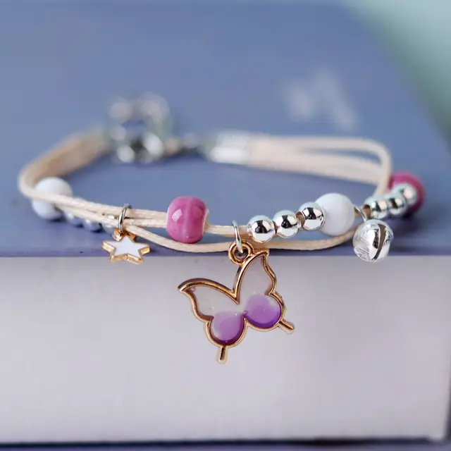 Kpop Cute Colorful Butterfly Bracelet for Women Girl Fashion Hand-woven Star Bell Beads Flower Pendant Bracelet Sister's Jewelry 1